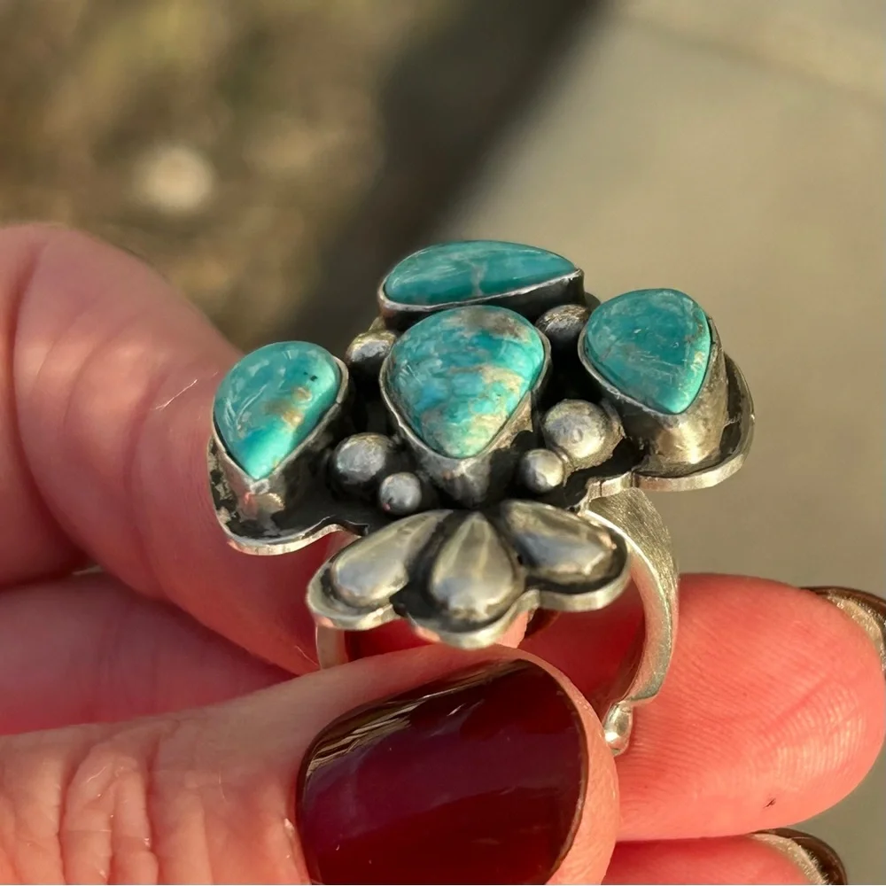 Russell Sam Native American White Water Turquoise Sterling Statement Ring - Picture 5 of 14
